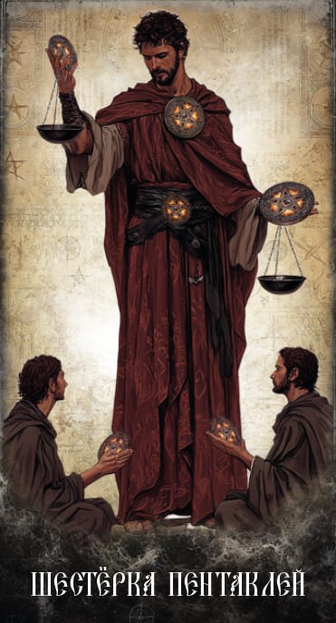 Карта Таро Шестёрка Пентаклей